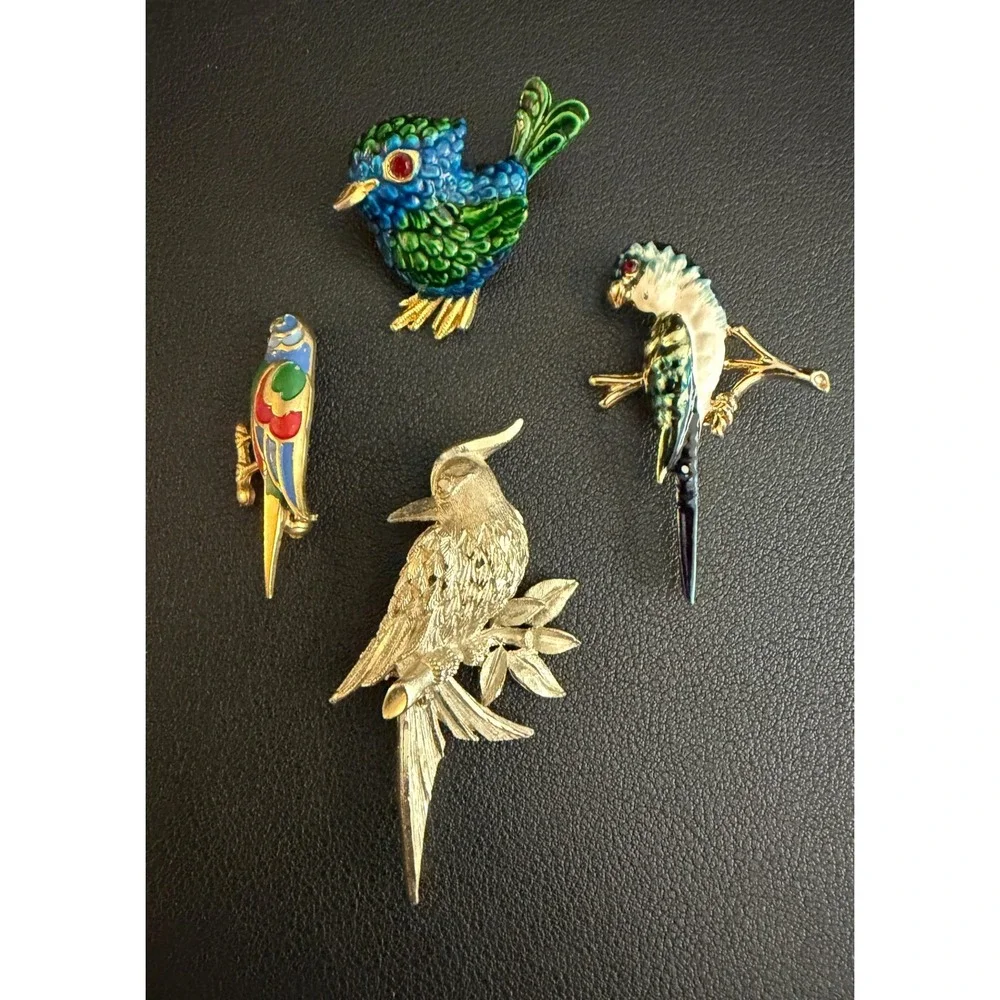 Vintage Bird Brooch Lot Enamel Parrot Cockatoo Gold Silver Tone 4pc